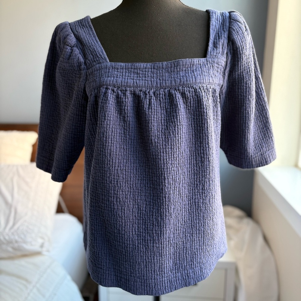 Treasure & Bond Navy Blue Textured Square Neck Blouse